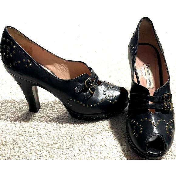 L'autre Chose Pep Toe Heels Studded Leather Womens 39 US 8.5 Black Made in Italy - Picture 1 of 12